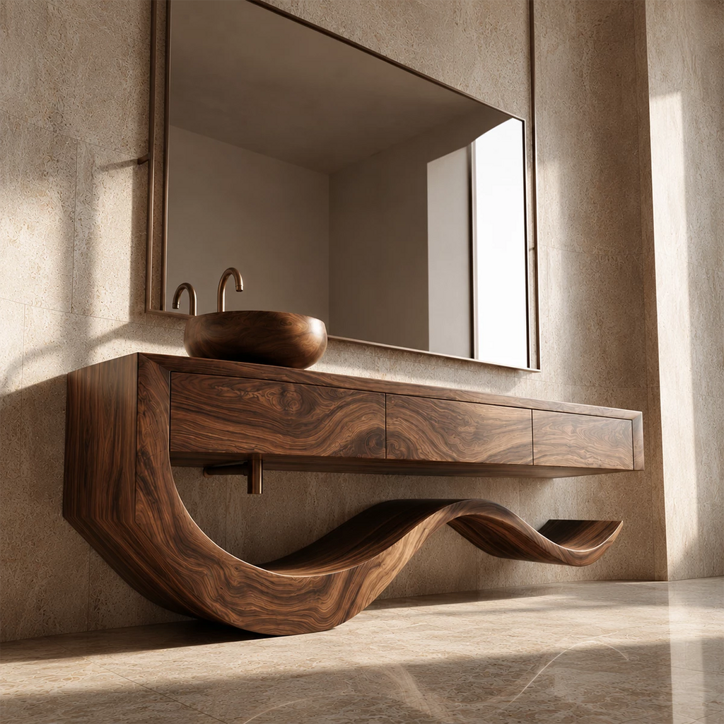 Organic Bathroom Vanity With Sculptural Wave Solid Wood Base