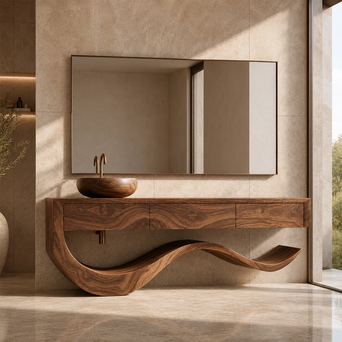 Organic Bathroom Vanity With Sculptural Wave Solid Wood Base