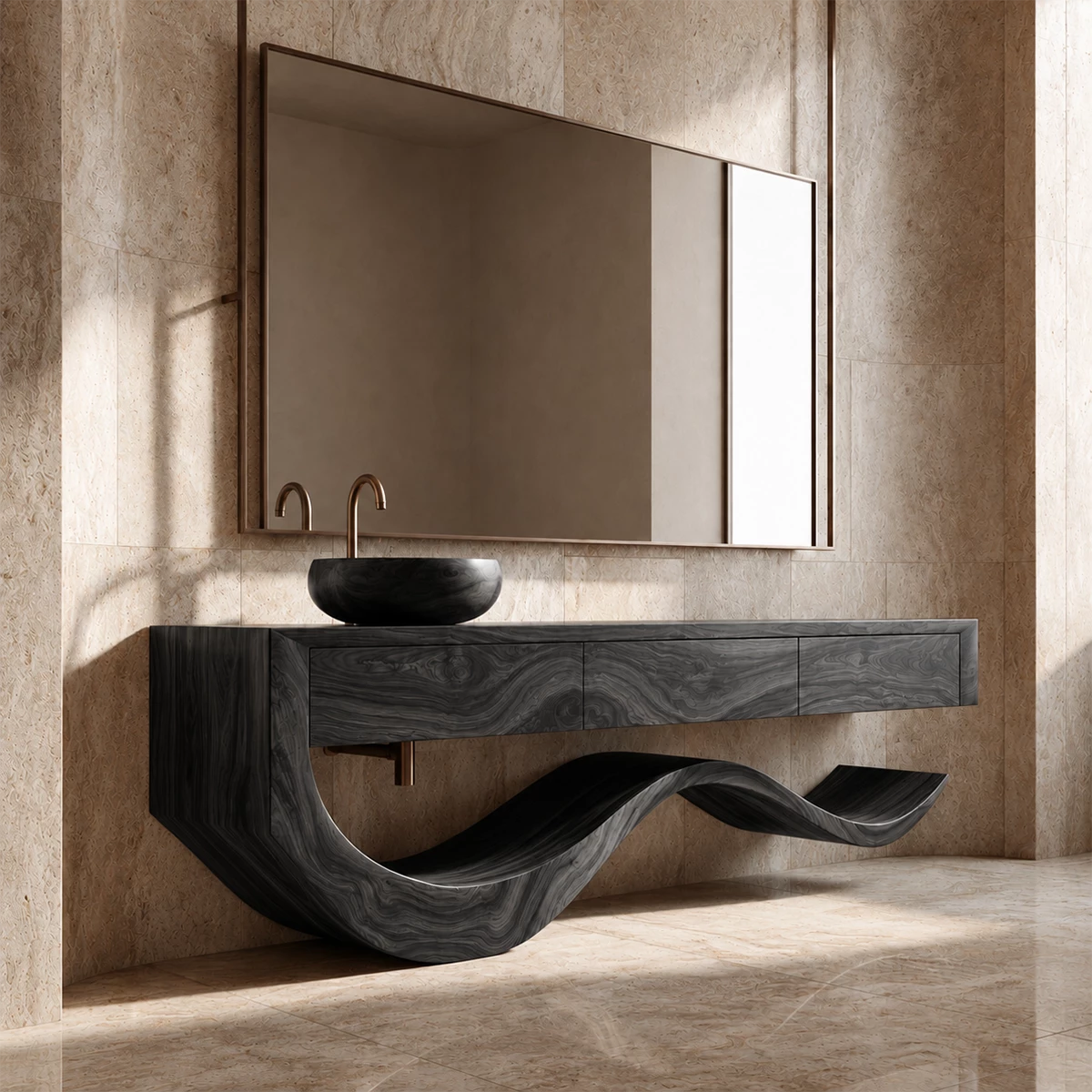Organic Bathroom Vanity With Sculptural Wave Solid Wood Base