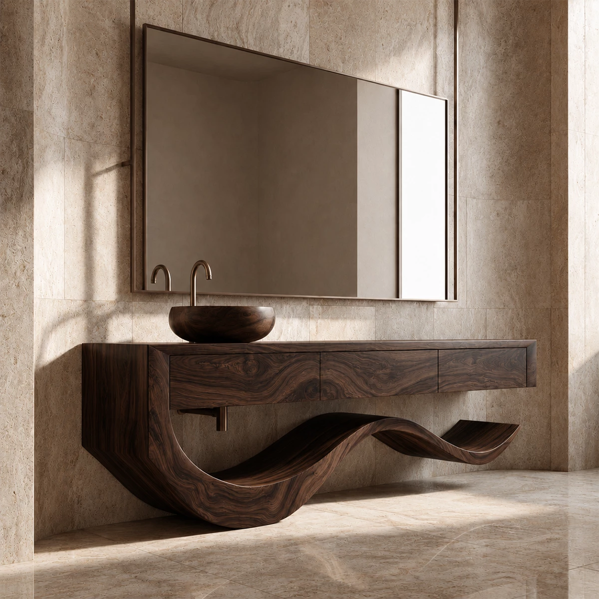 Organic Bathroom Vanity With Sculptural Wave Solid Wood Base