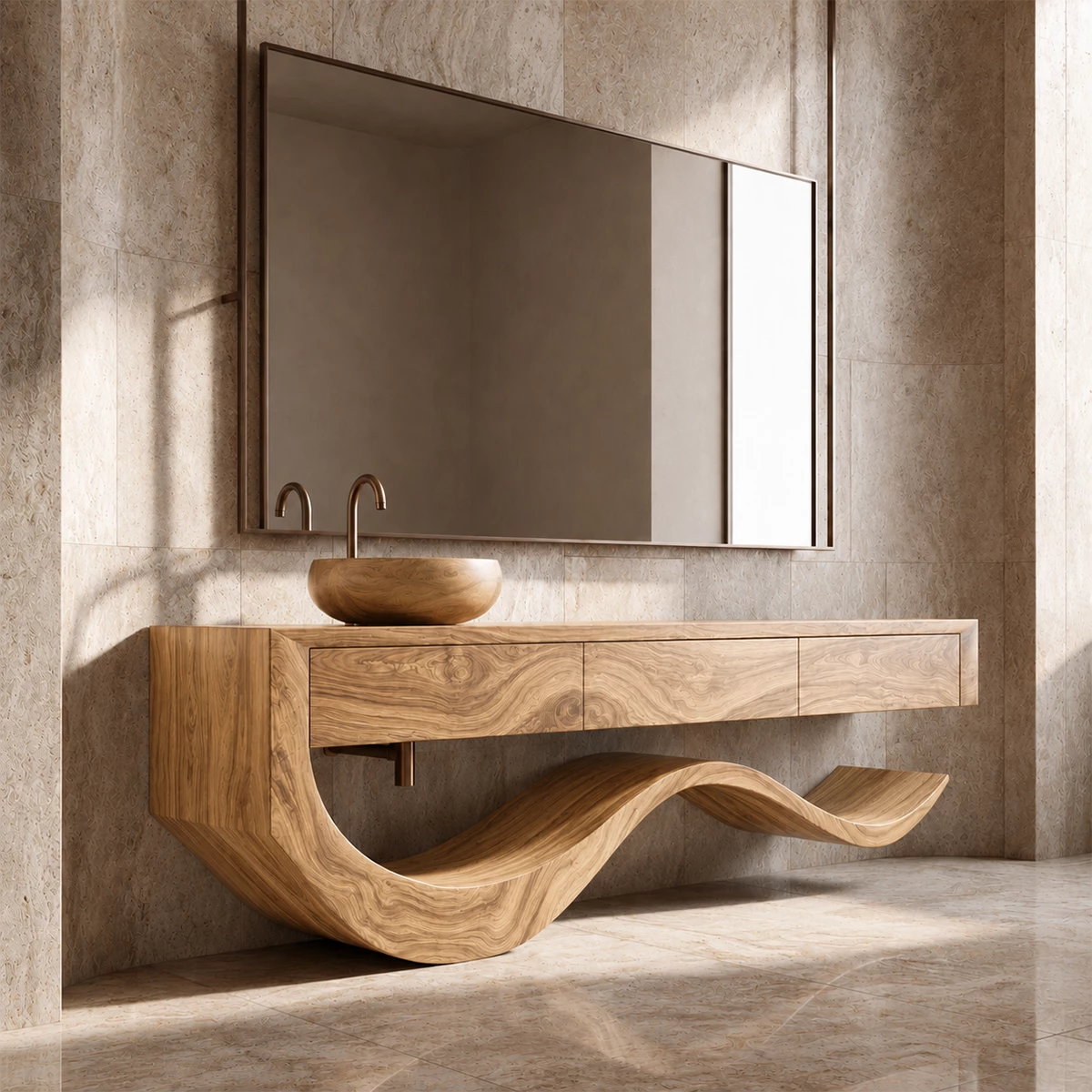 Organic Bathroom Vanity With Sculptural Wave Solid Wood Base