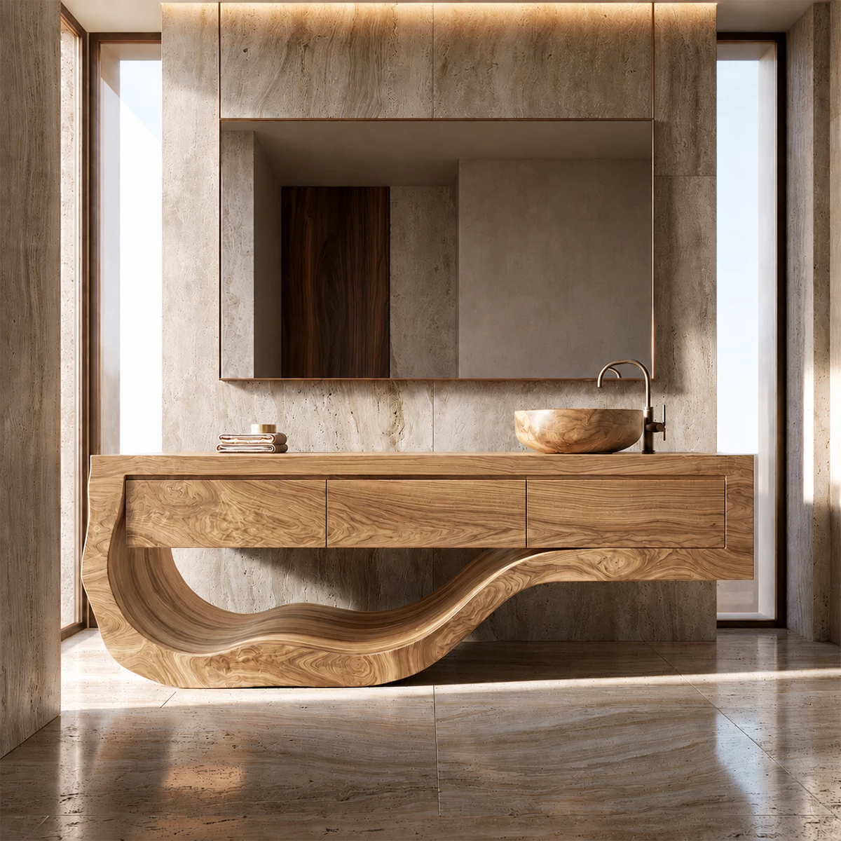 Natural Solid Wood Bathroom Vanity with Three Drawers and Sculptural Wave Base
