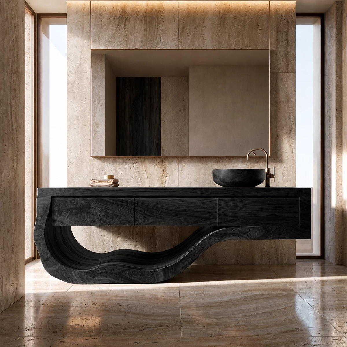 Natural Solid Wood Bathroom Vanity with Three Drawers and Sculptural Wave Base