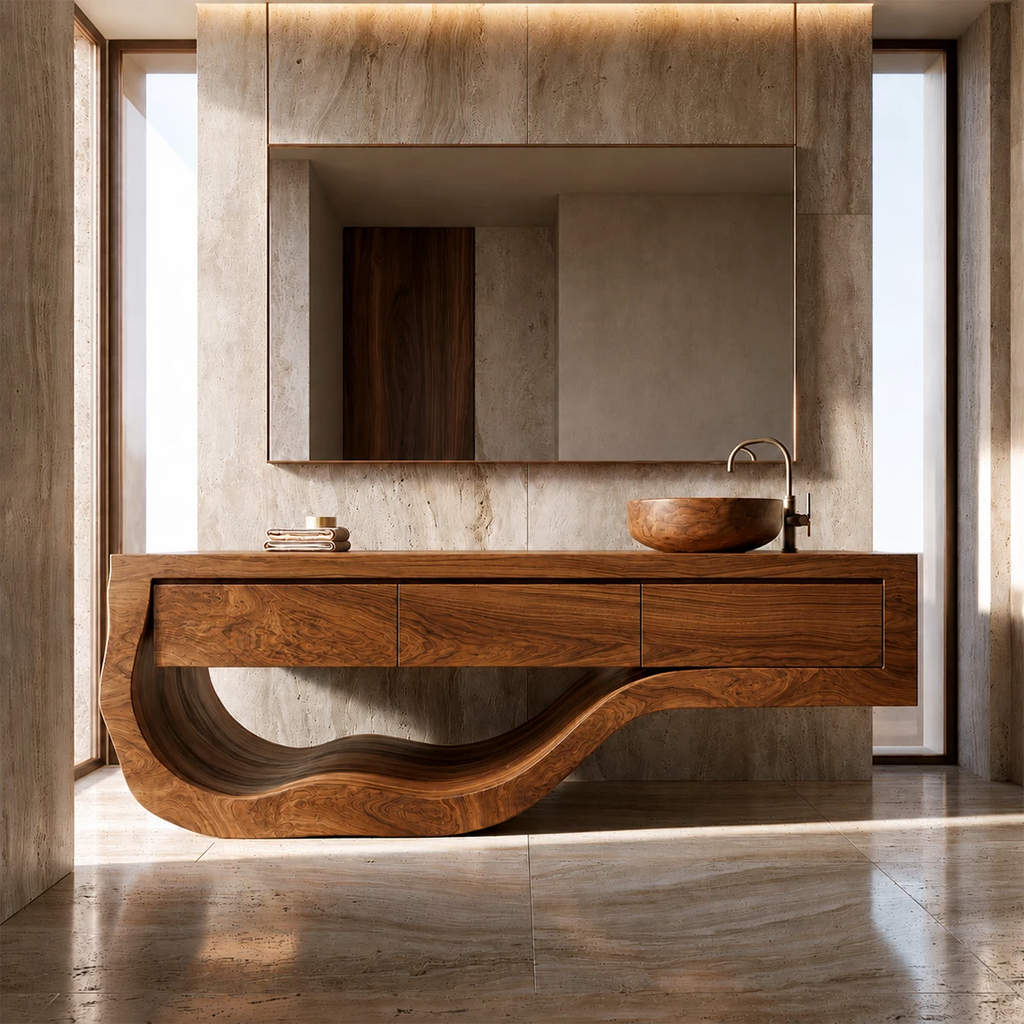 Natural Solid Wood Bathroom Vanity with Three Drawers and Sculptural Wave Base