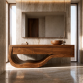 Natural Solid Wood Bathroom Vanity with Three Drawers and Sculptural Wave Base