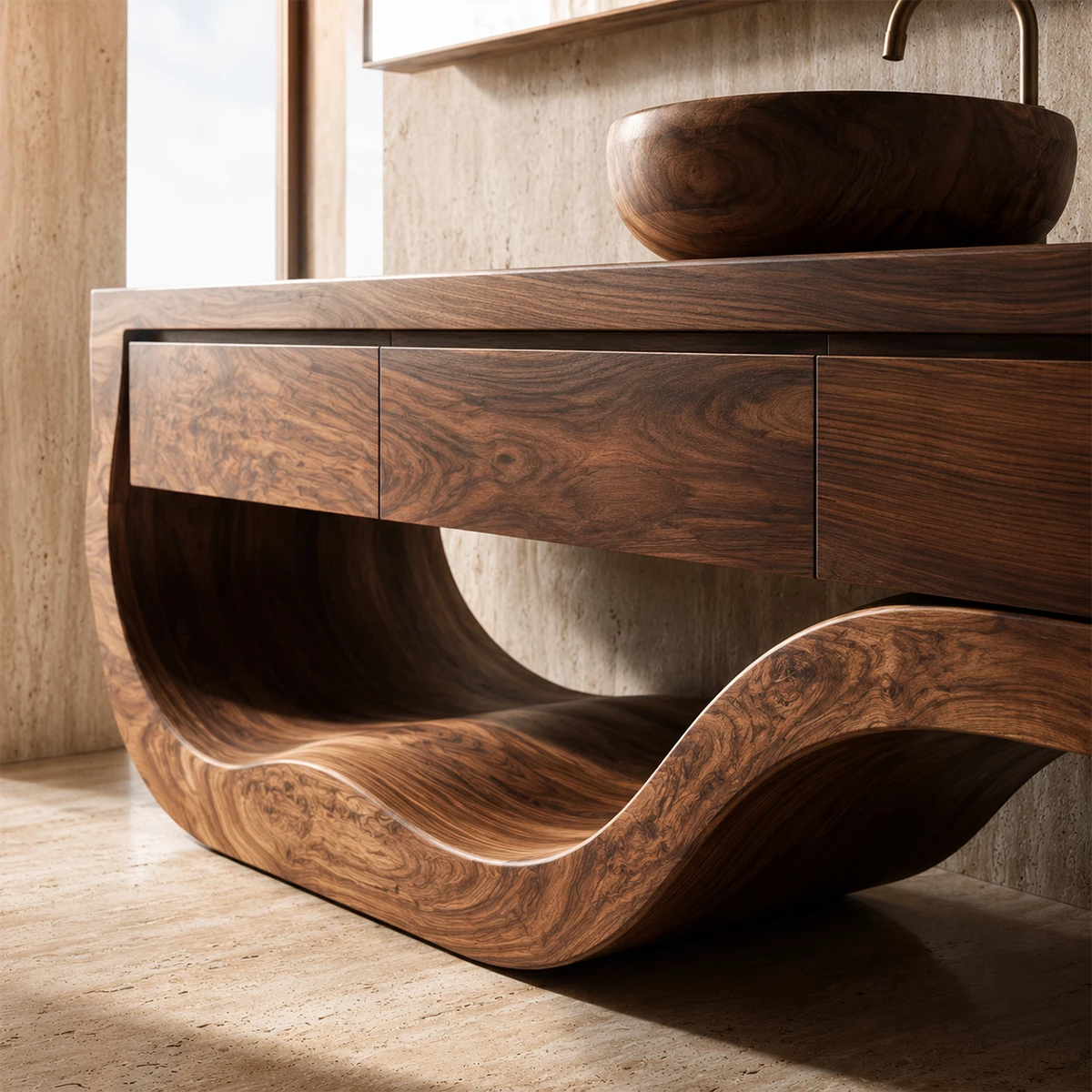 Natural Solid Wood Bathroom Vanity with Three Drawers and Sculptural Wave Base