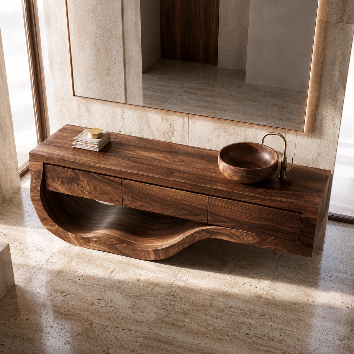 Natural Solid Wood Bathroom Vanity with Three Drawers and Sculptural Wave Base