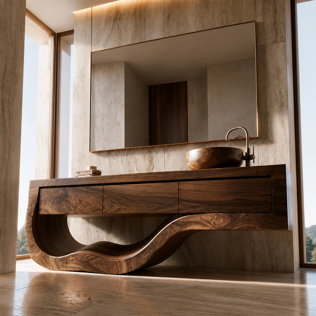 Natural Solid Wood Bathroom Vanity with Three Drawers and Sculptural Wave Base