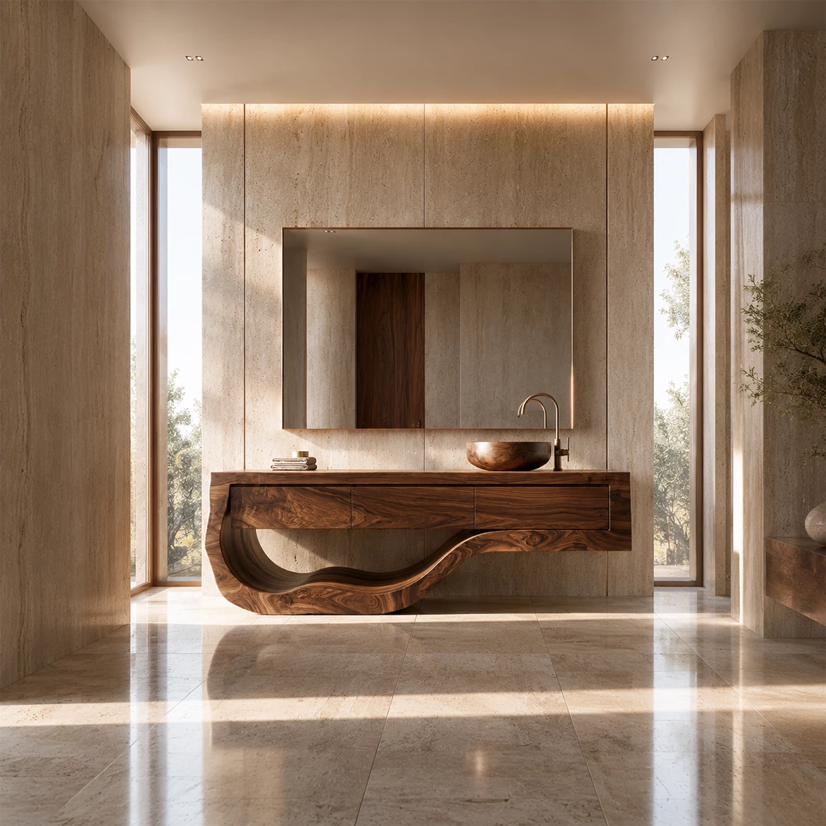 Natural Solid Wood Bathroom Vanity with Three Drawers and Sculptural Wave Base