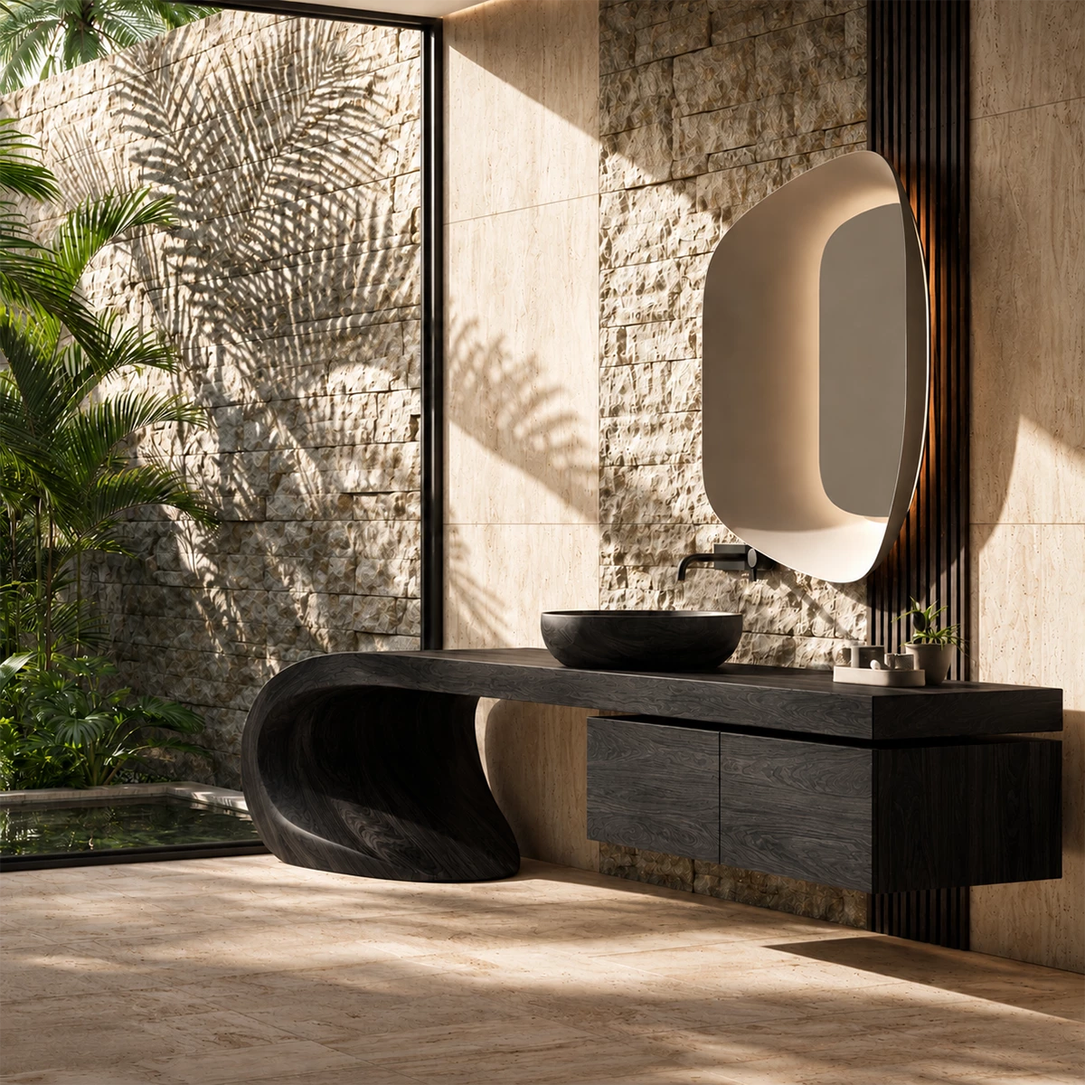 Natural Solid Wood Bathroom Vanity with Four Drawers and Sculptural Loop Base