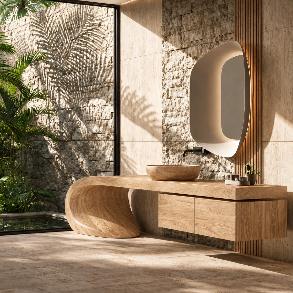 Natural Solid Wood Bathroom Vanity with Four Drawers and Sculptural Loop Base
