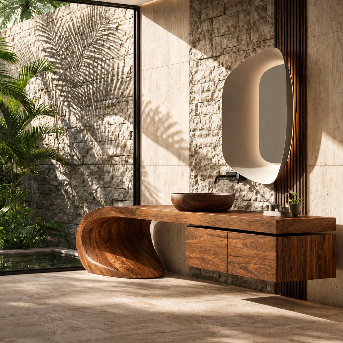 Natural Solid Wood Bathroom Vanity with Four Drawers and Sculptural Loop Base
