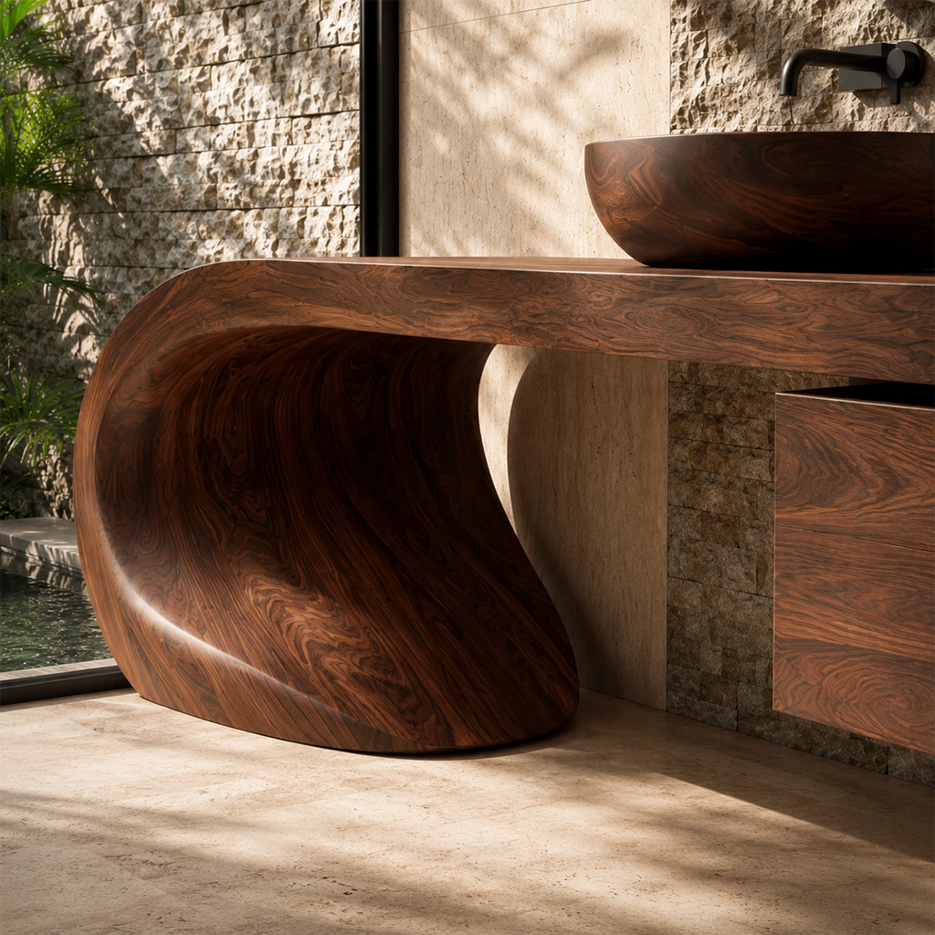 Natural Solid Wood Bathroom Vanity with Four Drawers and Sculptural Loop Base