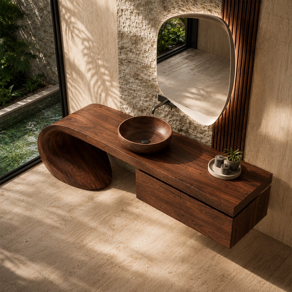 Natural Solid Wood Bathroom Vanity with Four Drawers and Sculptural Loop Base