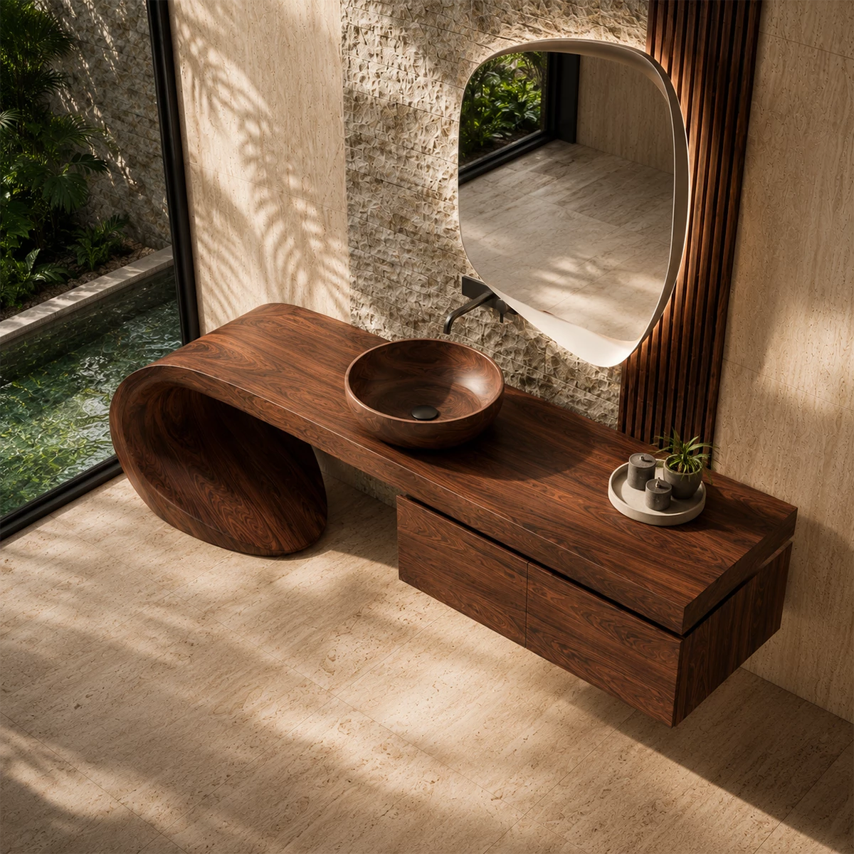 Natural Solid Wood Bathroom Vanity with Four Drawers and Sculptural Loop Base