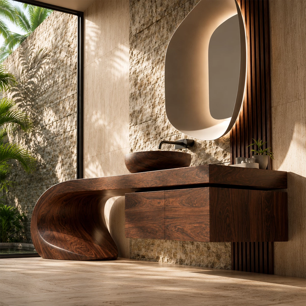 Natural Solid Wood Bathroom Vanity with Four Drawers and Sculptural Loop Base
