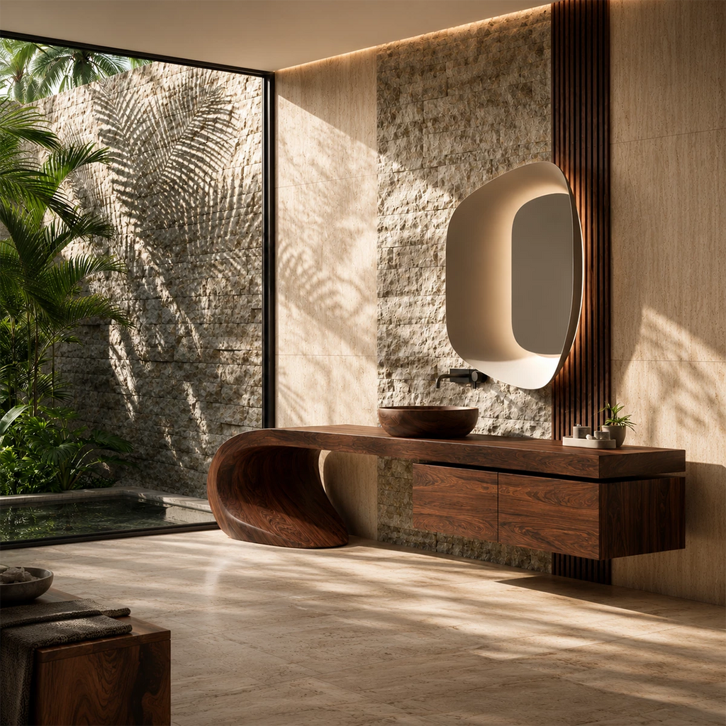 Natural Solid Wood Bathroom Vanity with Four Drawers and Sculptural Loop Base