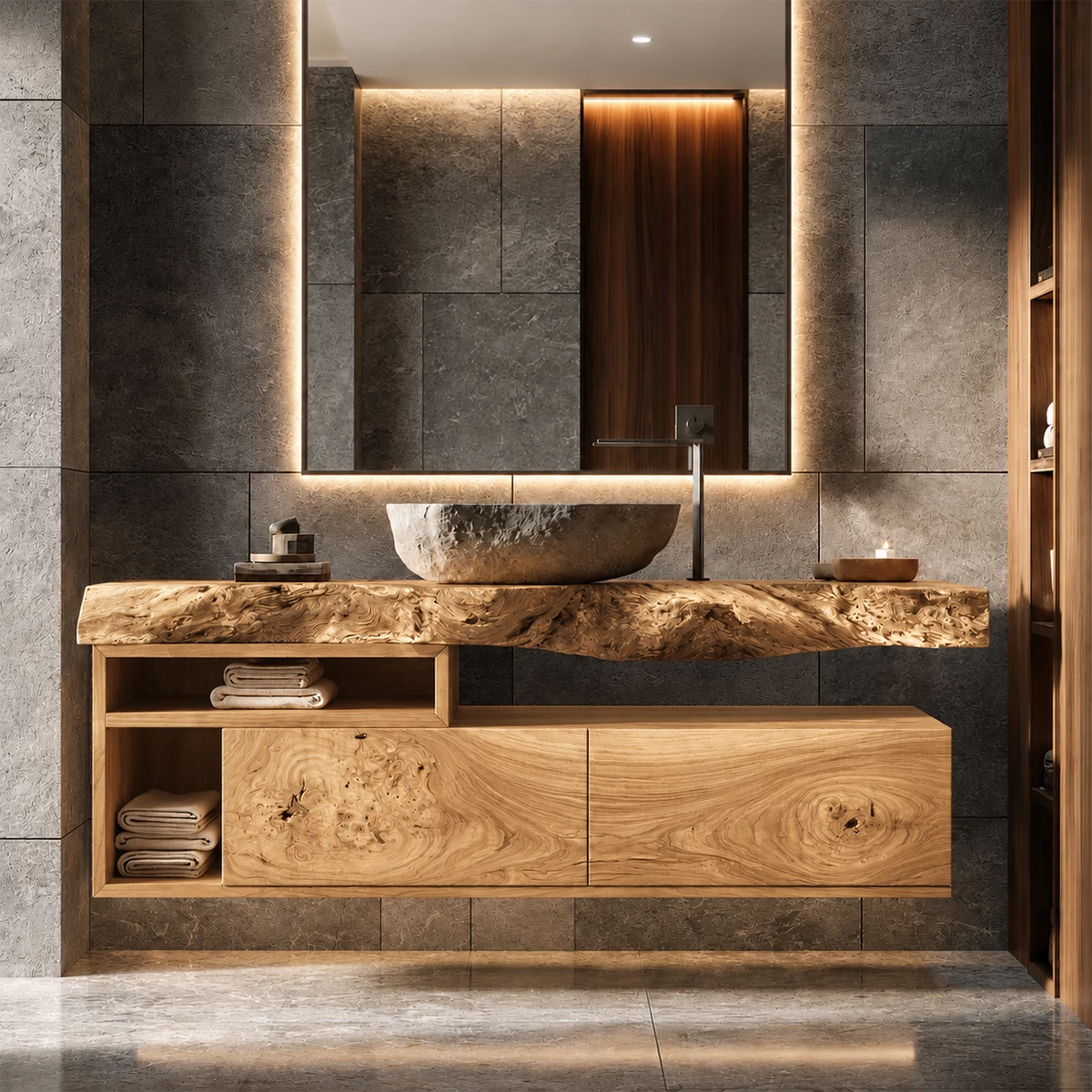 Natural Solid Wood Floating Bathroom Vanity with Two Drawers and Open Shelves