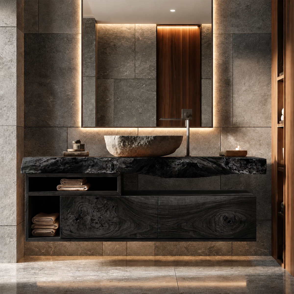 Natural Solid Wood Floating Bathroom Vanity with Two Drawers and Open Shelves