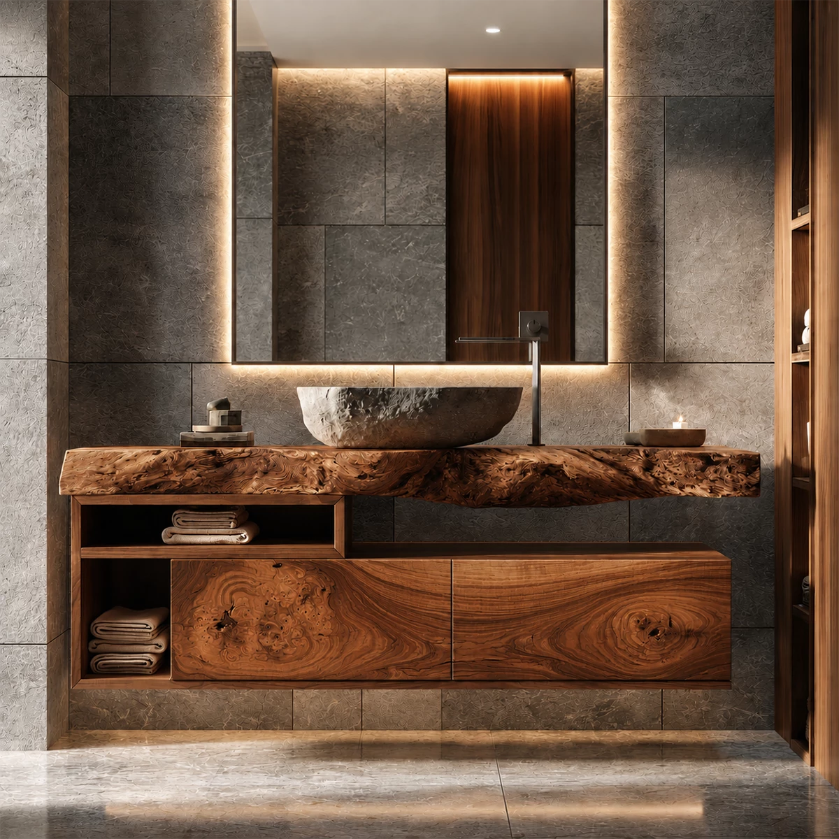 Natural Solid Wood Floating Bathroom Vanity with Two Drawers and Open Shelves