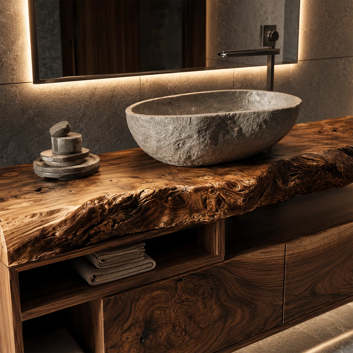 Natural Solid Wood Floating Bathroom Vanity with Two Drawers and Open Shelves