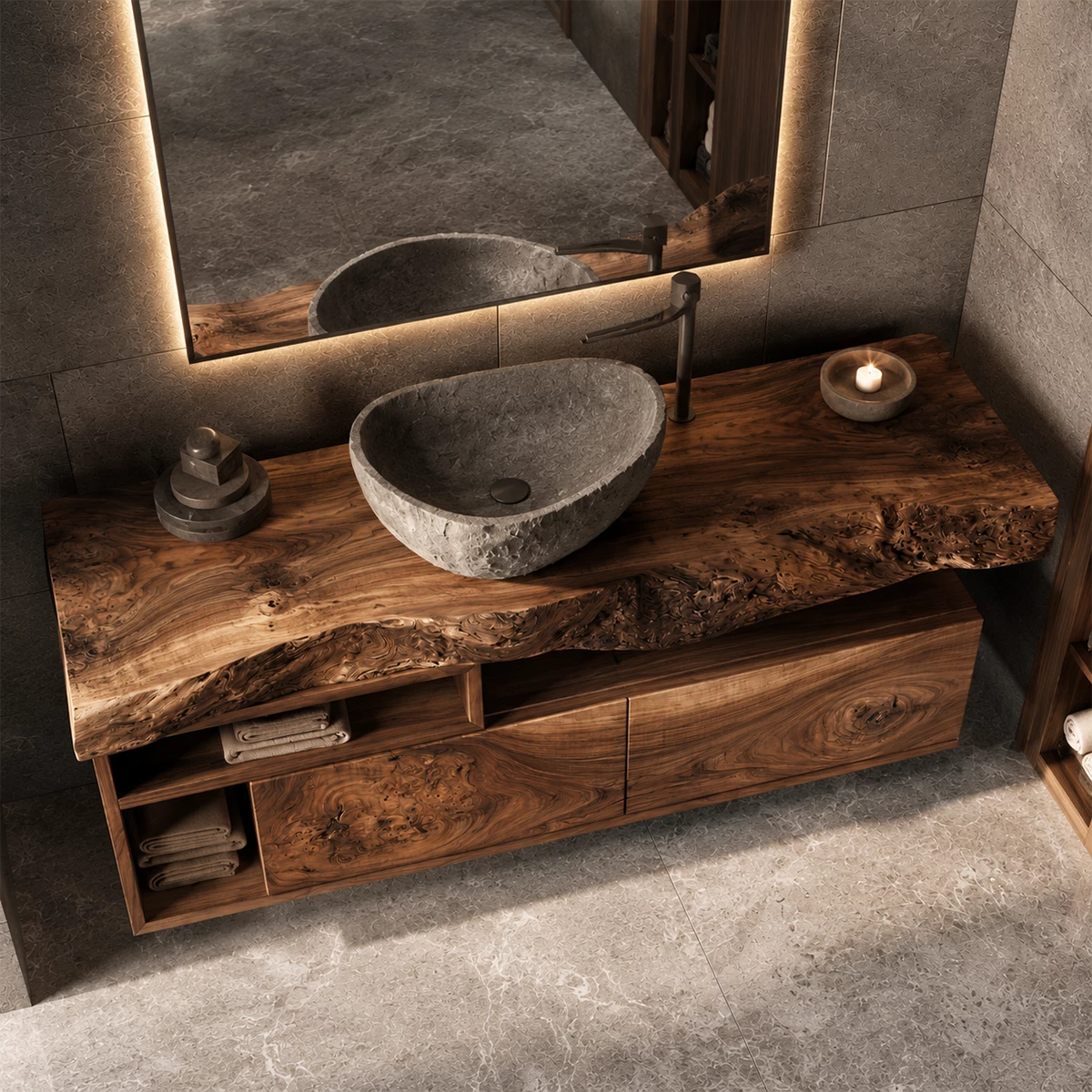 Natural Solid Wood Floating Bathroom Vanity with Two Drawers and Open Shelves