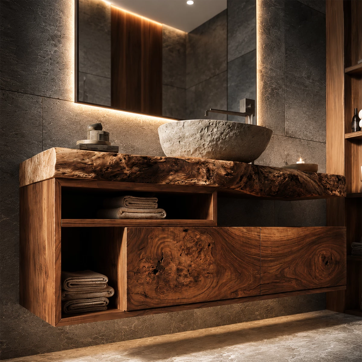 Natural Solid Wood Floating Bathroom Vanity with Two Drawers and Open Shelves