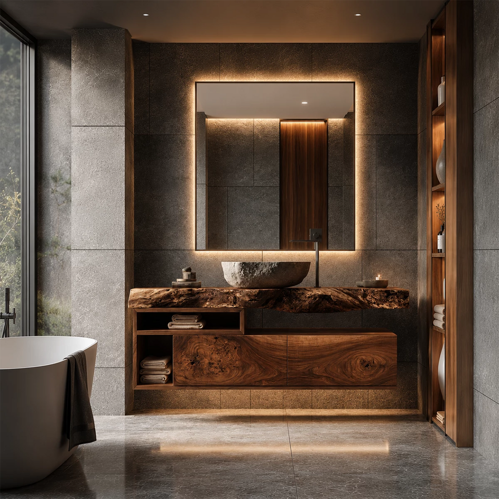 Natural Solid Wood Floating Bathroom Vanity with Two Drawers and Open Shelves
