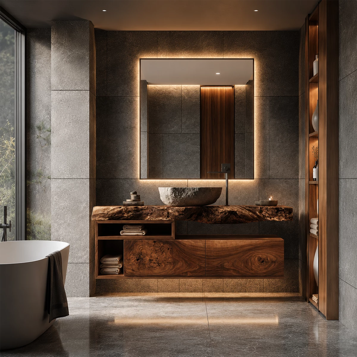 Natural Solid Wood Floating Bathroom Vanity with Two Drawers and Open Shelves