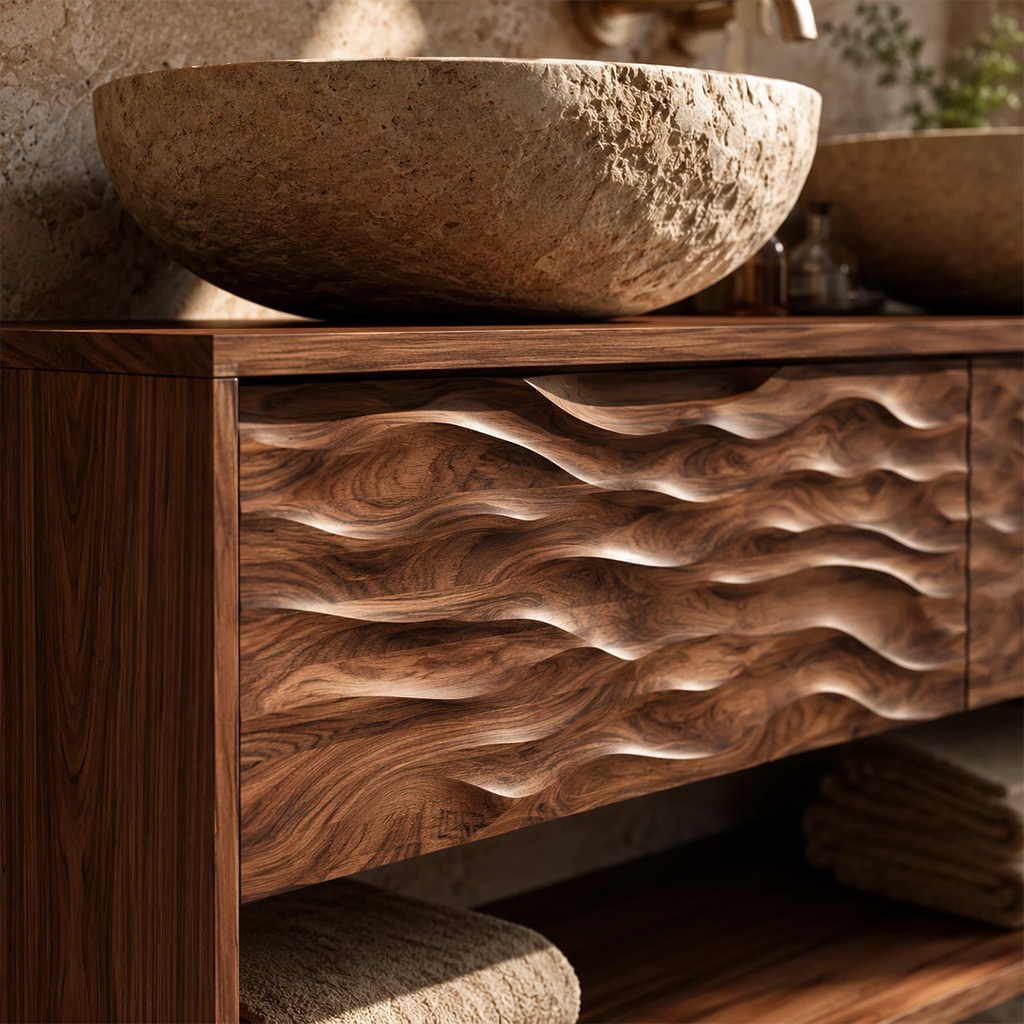 Natural Solid Wood Double Vanity with Carved Drawers and Open Shelf