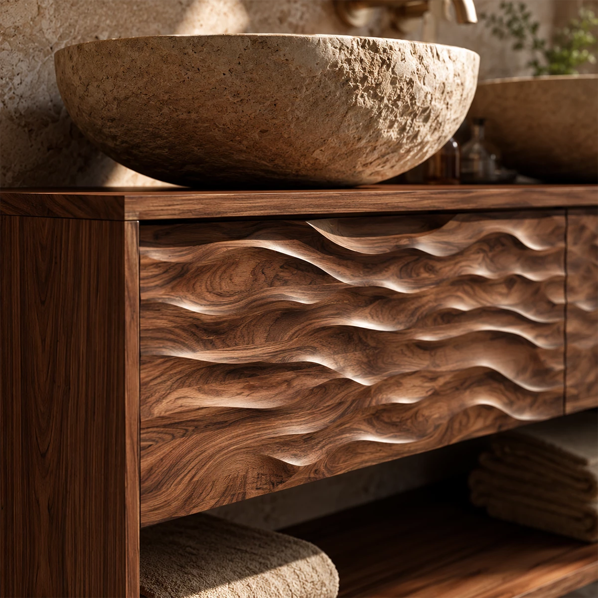 Natural Solid Wood Double Vanity with Carved Drawers and Open Shelf