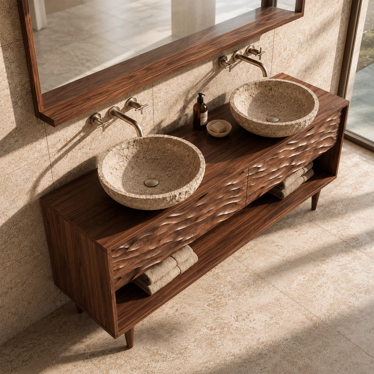 Natural Solid Wood Double Vanity with Carved Drawers and Open Shelf