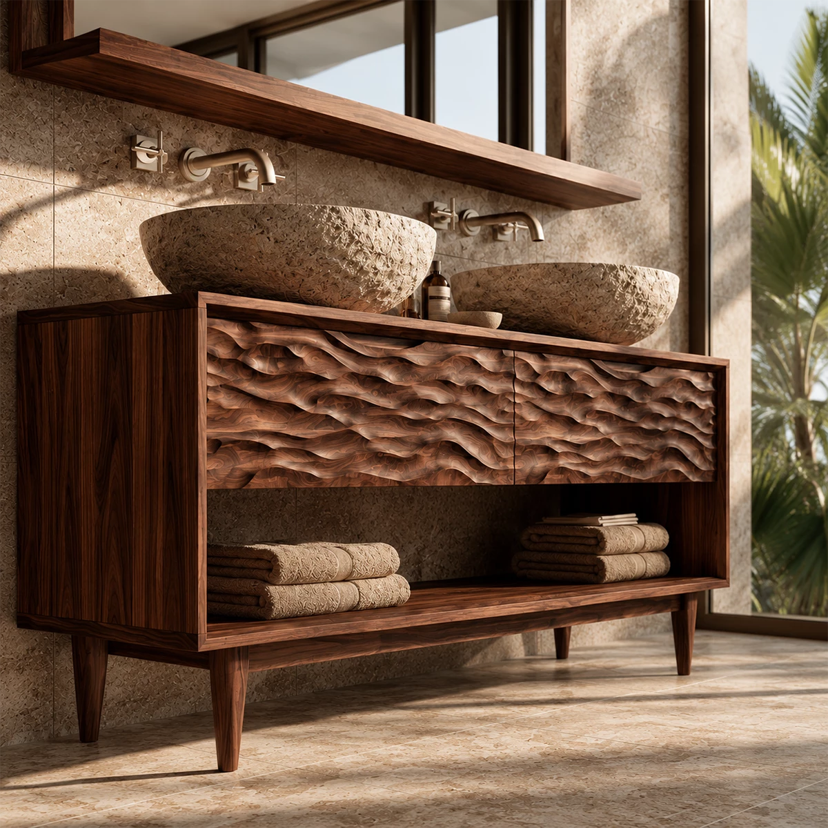 Natural Solid Wood Double Vanity with Carved Drawers and Open Shelf