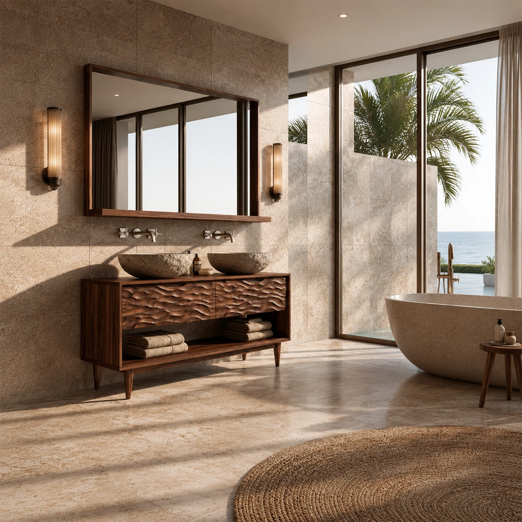 Natural Solid Wood Double Vanity with Carved Drawers and Open Shelf