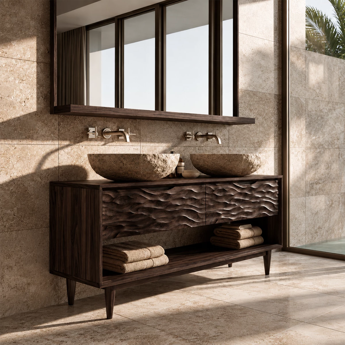 Natural Solid Wood Double Vanity with Carved Drawers and Open Shelf