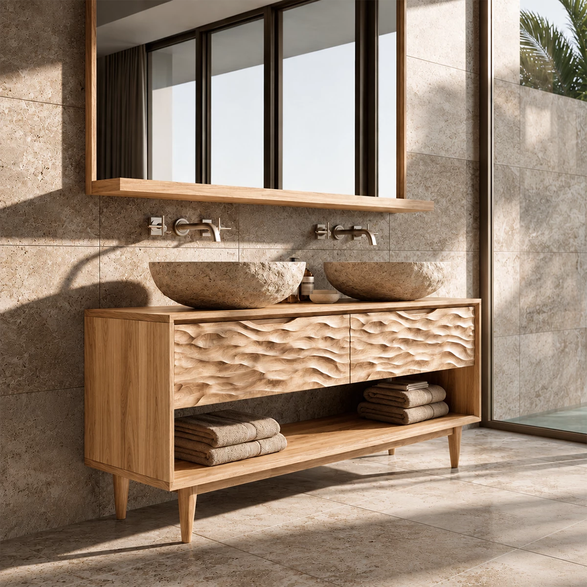 Natural Solid Wood Double Vanity with Carved Drawers and Open Shelf