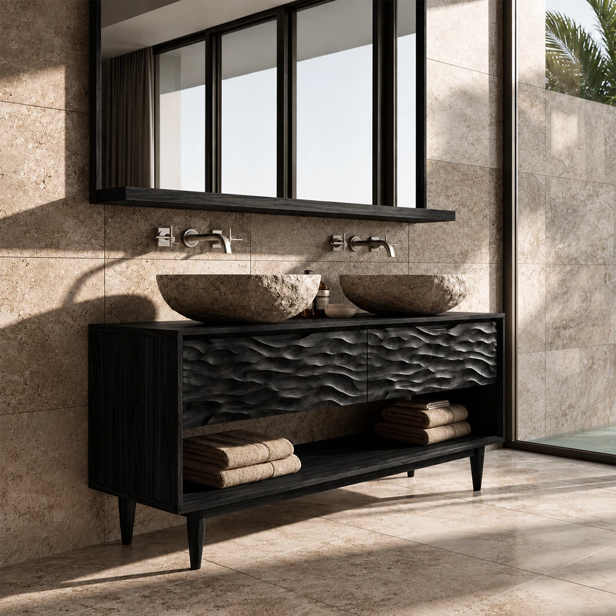 Natural Solid Wood Double Vanity with Carved Drawers and Open Shelf