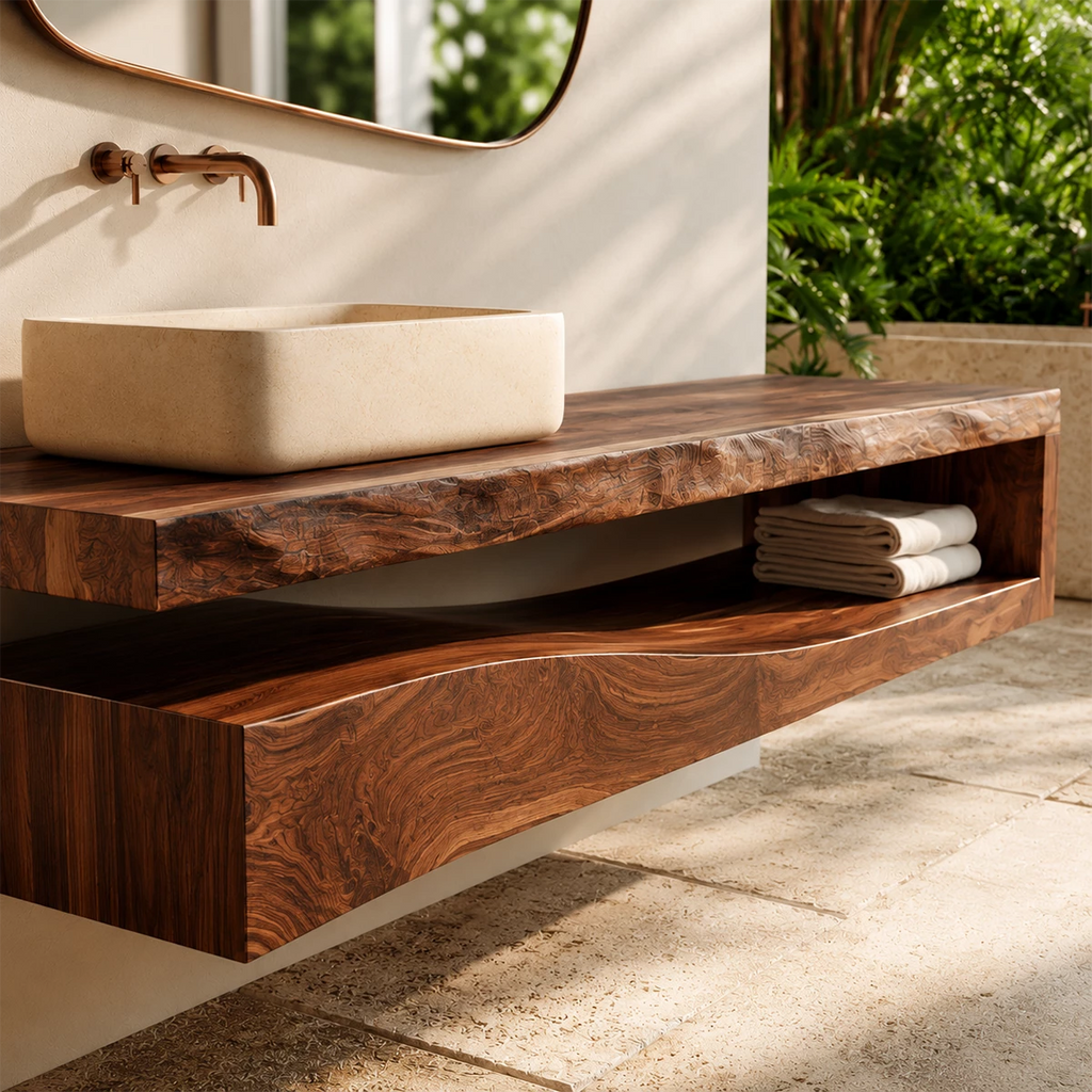 Natural Solid Wood Floating Bathroom Vanity with Sculptural Wave Storage