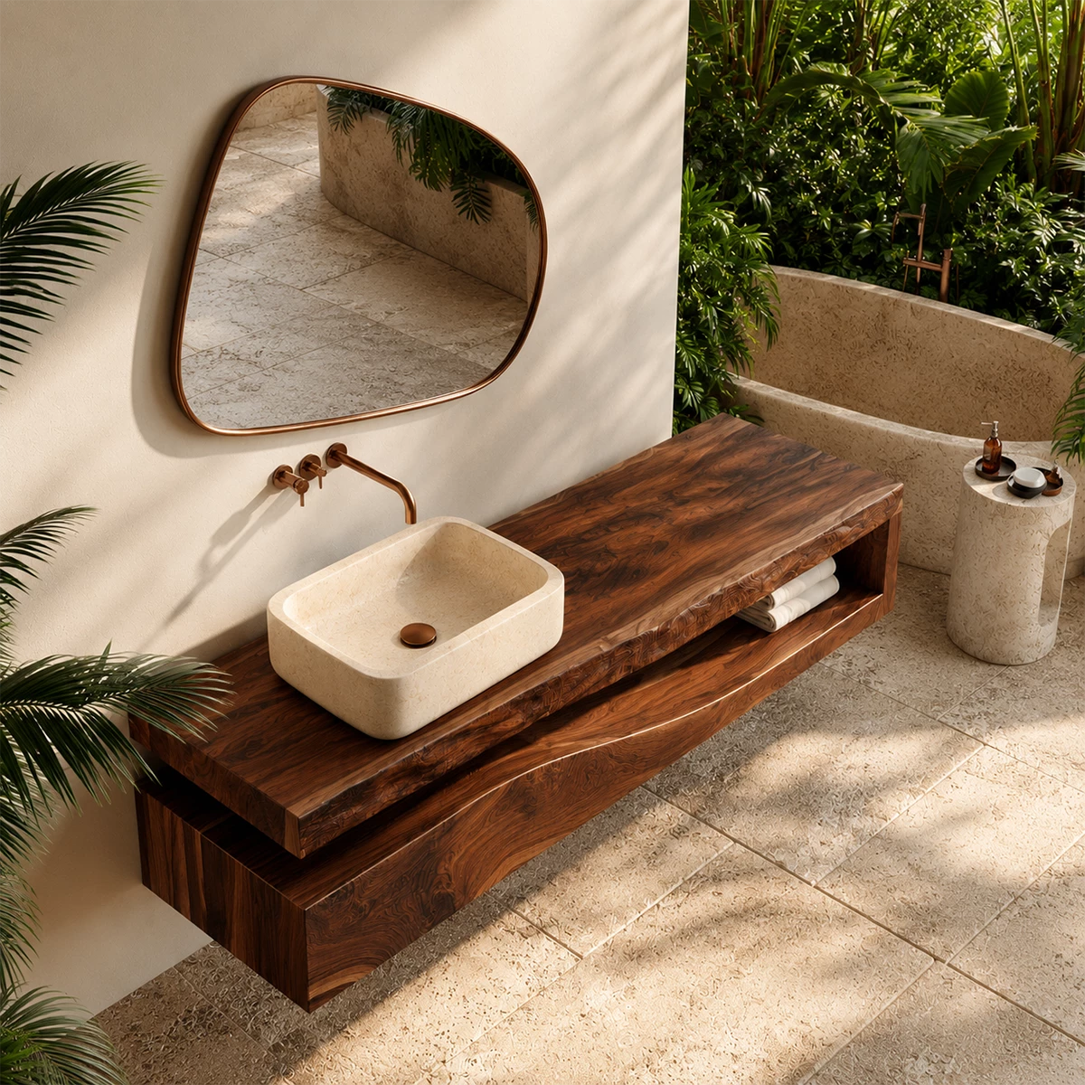 Natural Solid Wood Floating Bathroom Vanity with Sculptural Wave Storage