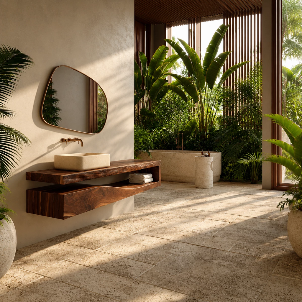 Natural Solid Wood Floating Bathroom Vanity with Sculptural Wave Storage