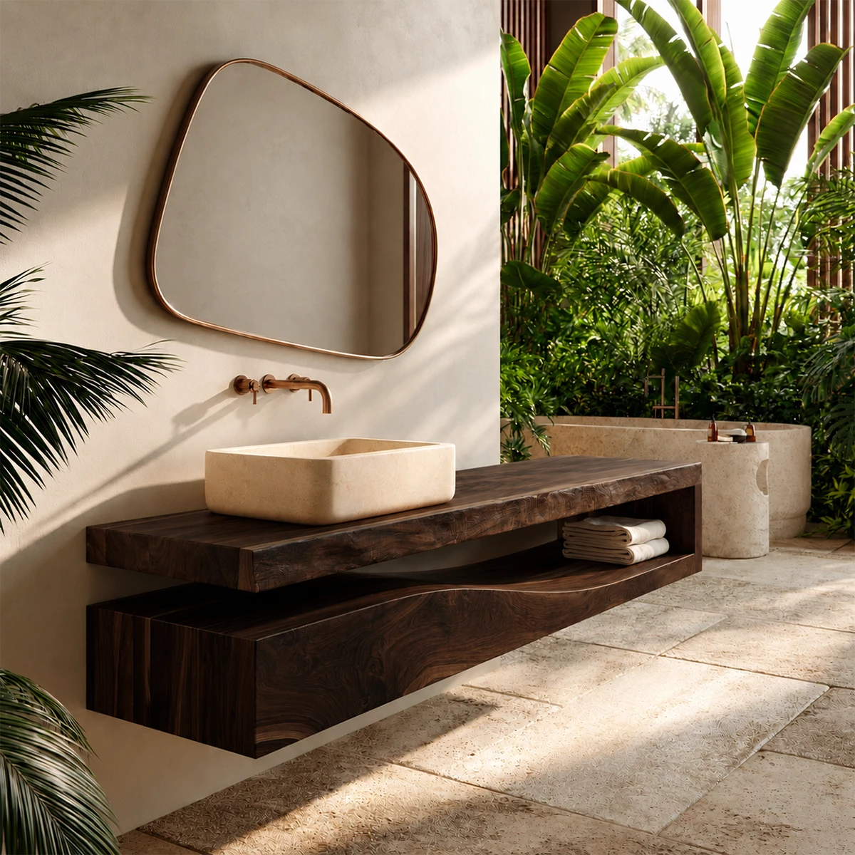 Natural Solid Wood Floating Bathroom Vanity with Sculptural Wave Storage
