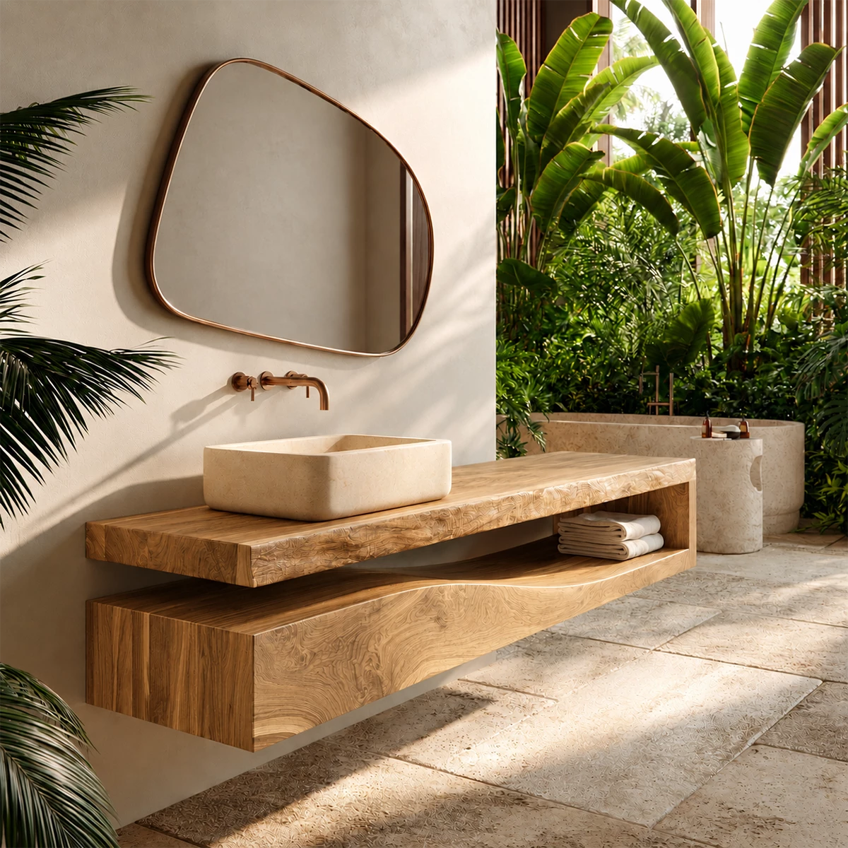 Natural Solid Wood Floating Bathroom Vanity with Sculptural Wave Storage