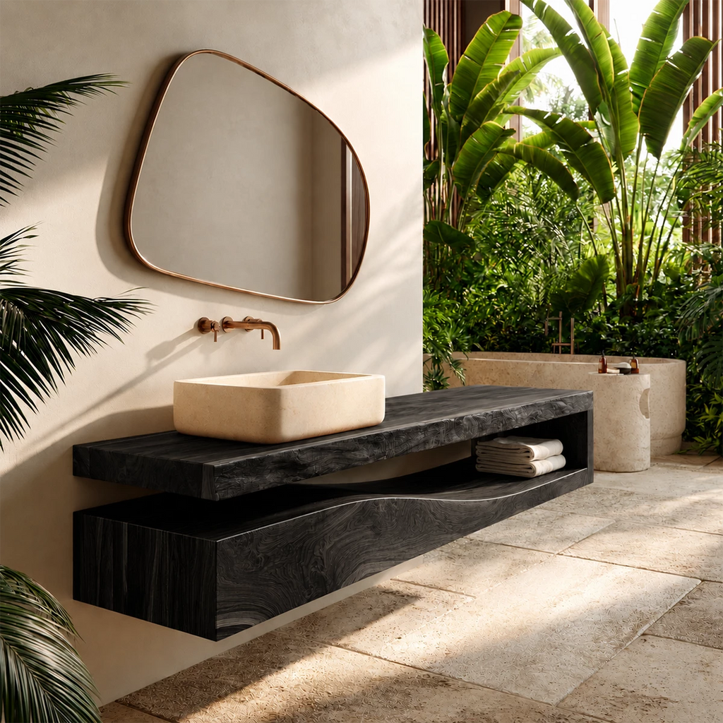 Natural Solid Wood Floating Bathroom Vanity with Sculptural Wave Storage