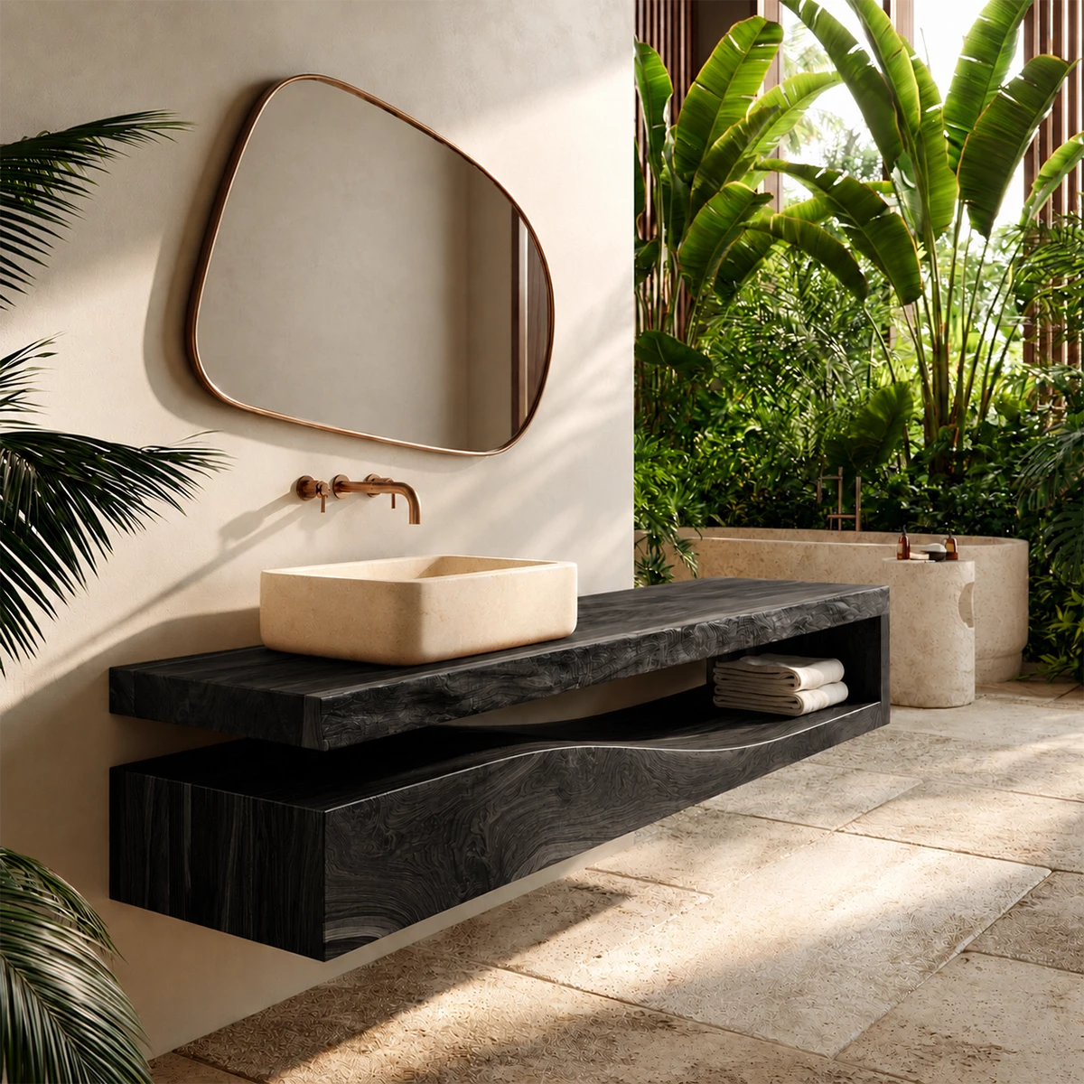 Natural Solid Wood Floating Bathroom Vanity with Sculptural Wave Storage