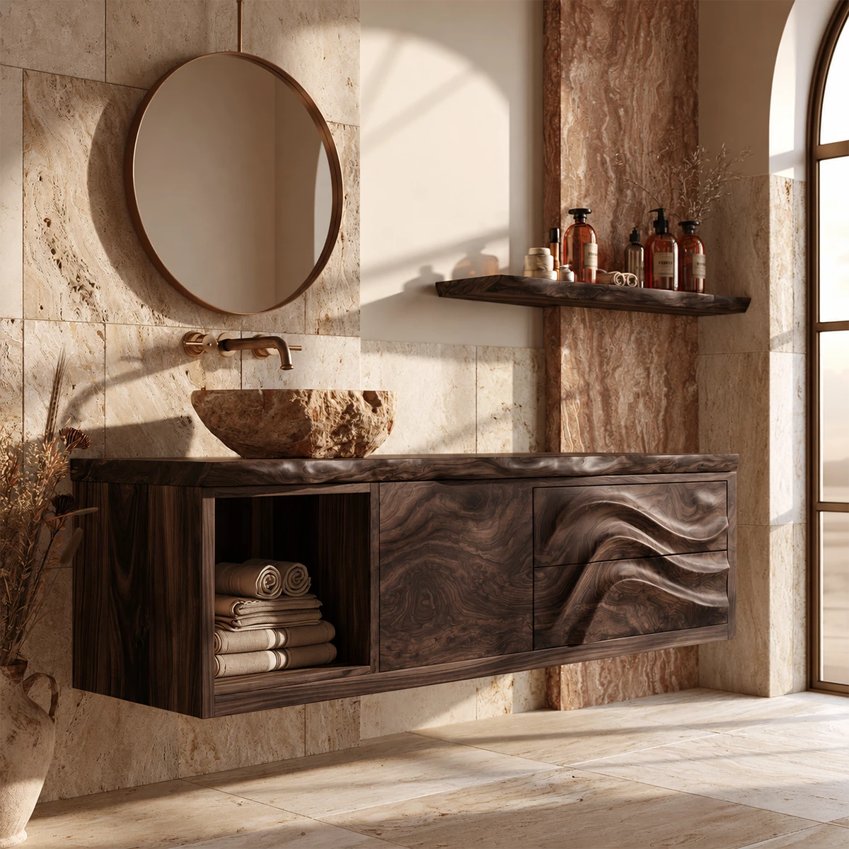 Natural Solid Wood Floating Bathroom Vanity with Wave Carved Drawers