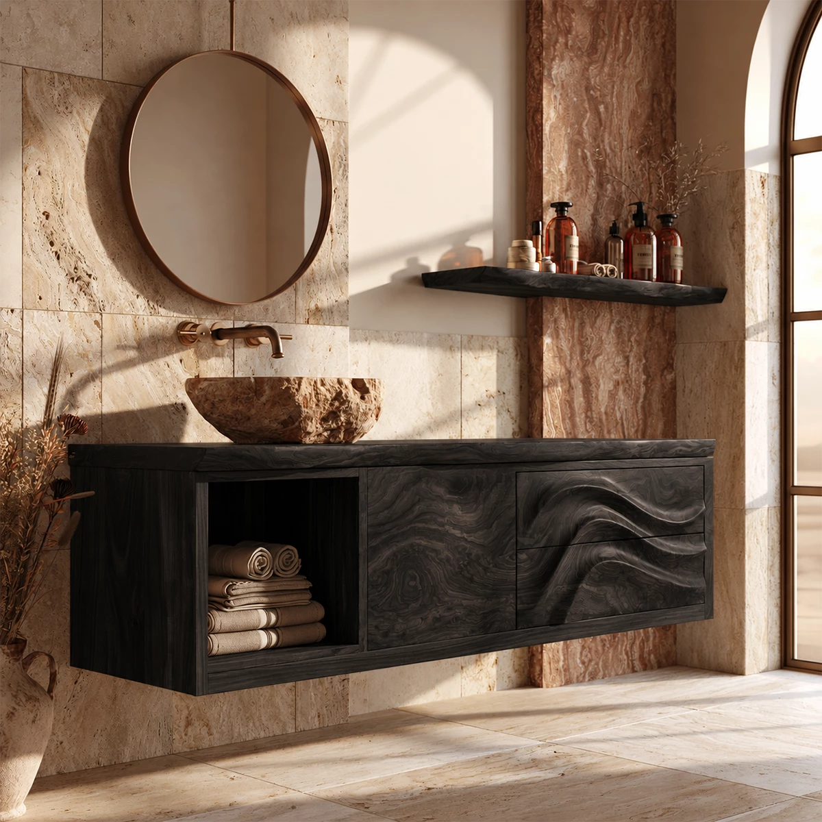 Natural Solid Wood Floating Bathroom Vanity with Wave Carved Drawers