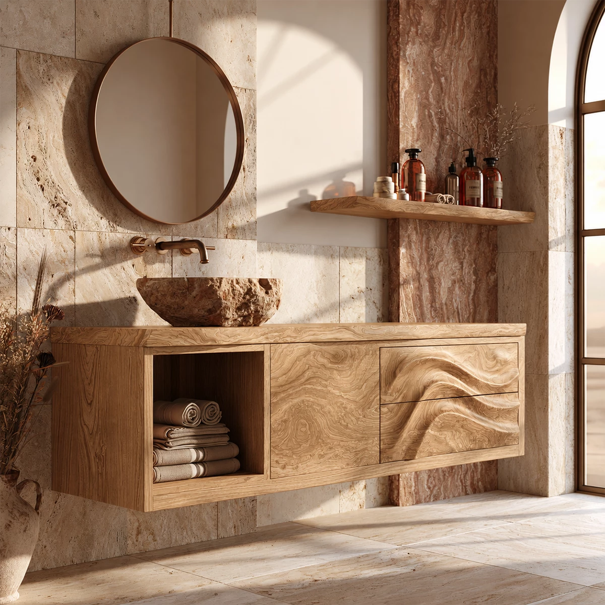 Natural Solid Wood Floating Bathroom Vanity with Wave Carved Drawers