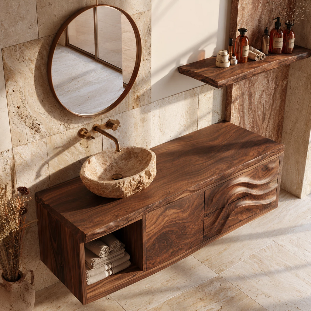 Natural Solid Wood Floating Bathroom Vanity with Wave Carved Drawers