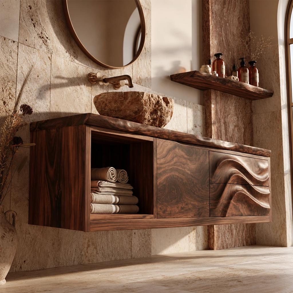 Natural Solid Wood Floating Bathroom Vanity with Wave Carved Drawers