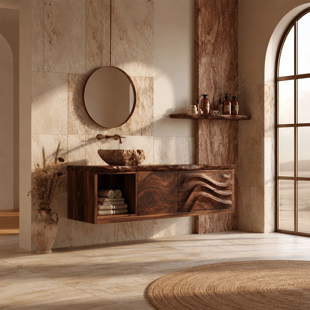 Natural Solid Wood Floating Bathroom Vanity with Wave Carved Drawers